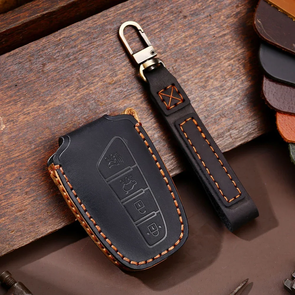 

1pc Genuine Leather Remote Key Case Cover For Hyundai Santa Fe Grandeur HG Equus Azera Sedan Genesis G80 Keyless Fob 4 Buttons