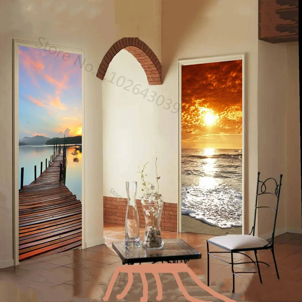 3D Green Tree Bamboo Candle Door Stickers Bedroom Bathroom Jungle Coconut Palm Bridge Door Wallpaper Decorative Modern Design
