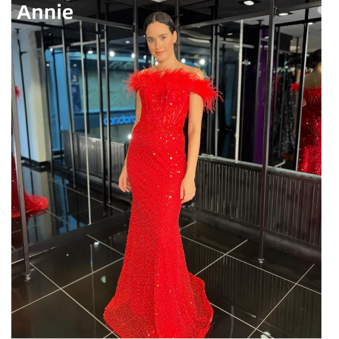 Annie Sweet Red Wedding Dress Glitter Sequined Tulle Luxury Prom Dresses Feather Mermaid Elegant Lady Bespoke Occasion Dresses