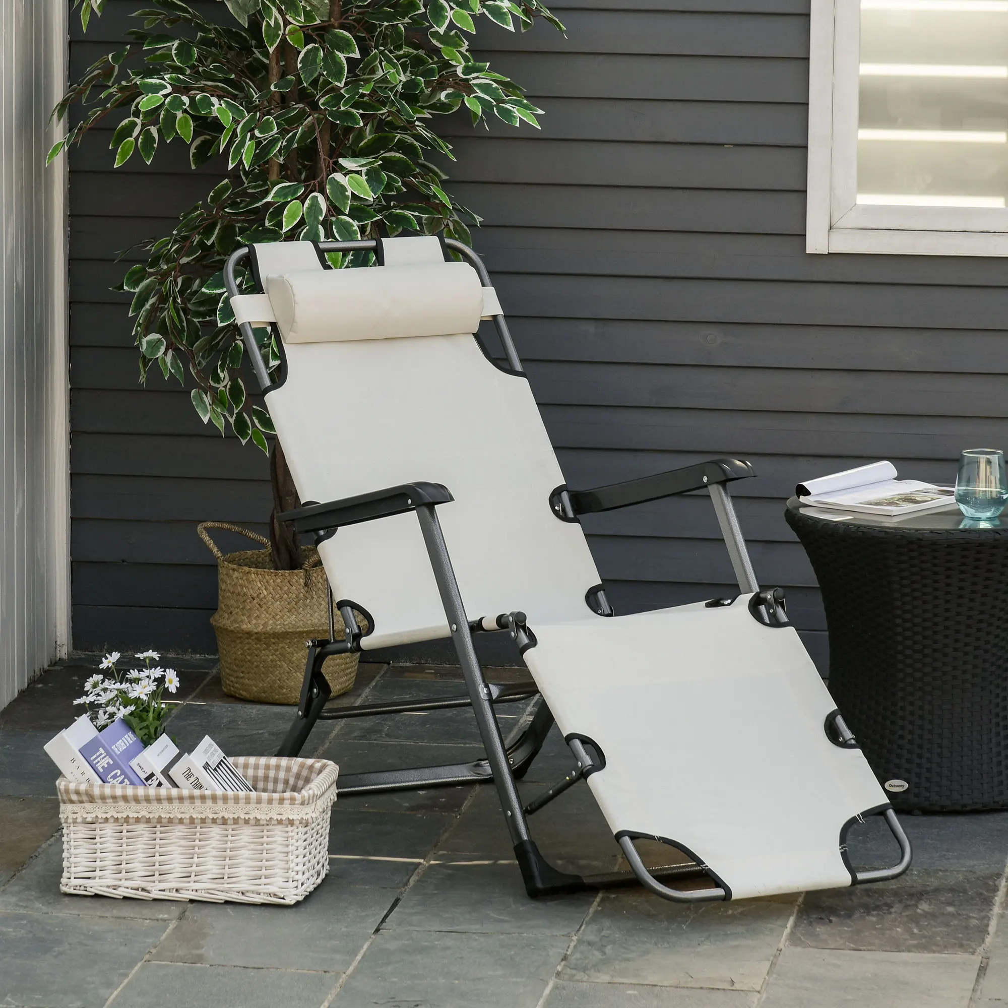 

Cream White Folding Chaise Lounge Chair for Outside 2 in 1 Tanning Chair with Pillow Pocket Adjustable Pool Beach 330lbs