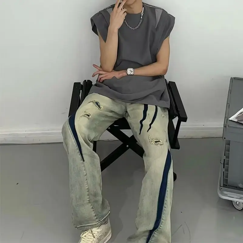 

Мужские джинсы свободного кроя прямого кроя, удлиненные, на весну-осень, больших размеров, 300 пу, микрорастяжимые, с разноцветными вставками и эффектом потертости