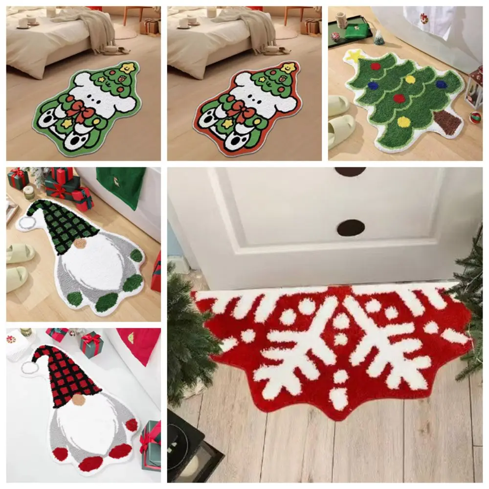 Cartoon Christmas Carpet Xmas Tree Shape Non-Slip Backing Bedroom Rug Imitation Cashmere Soft Bed Side Carpets Household Use