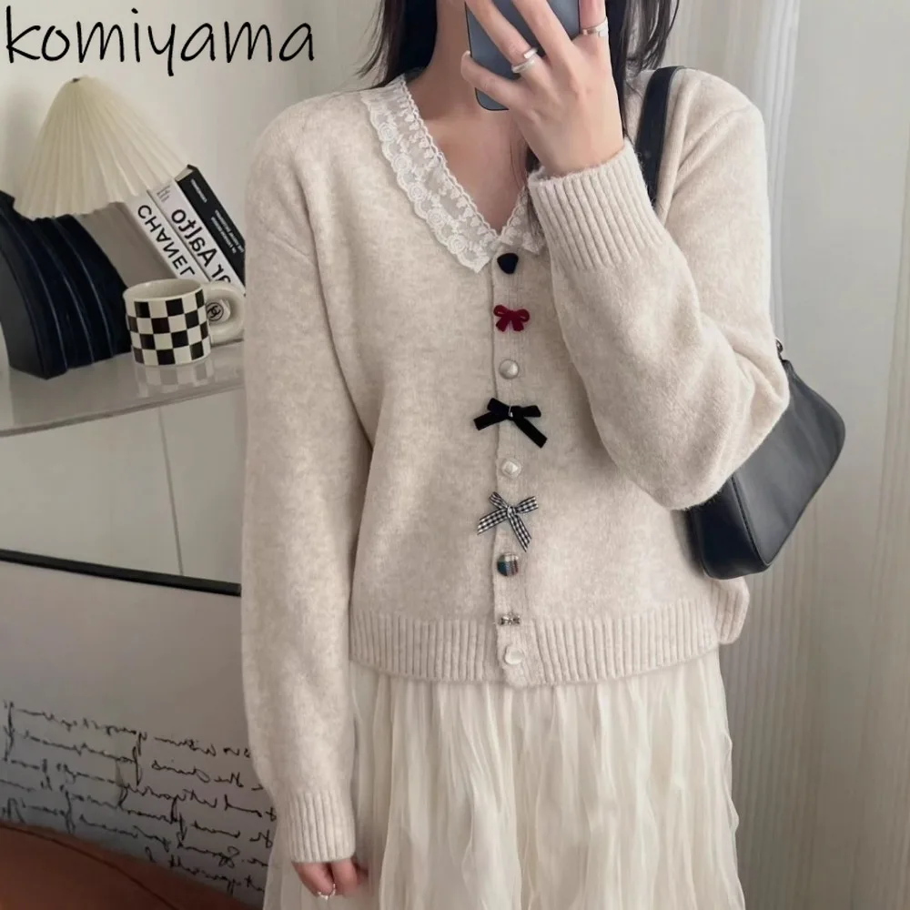 

Love Heart Bow Button Cardigan 2025 Autumn Woman Clothes Lace Spliced Cardigans Warm Long Sleeve Sweater Gentle Sueter