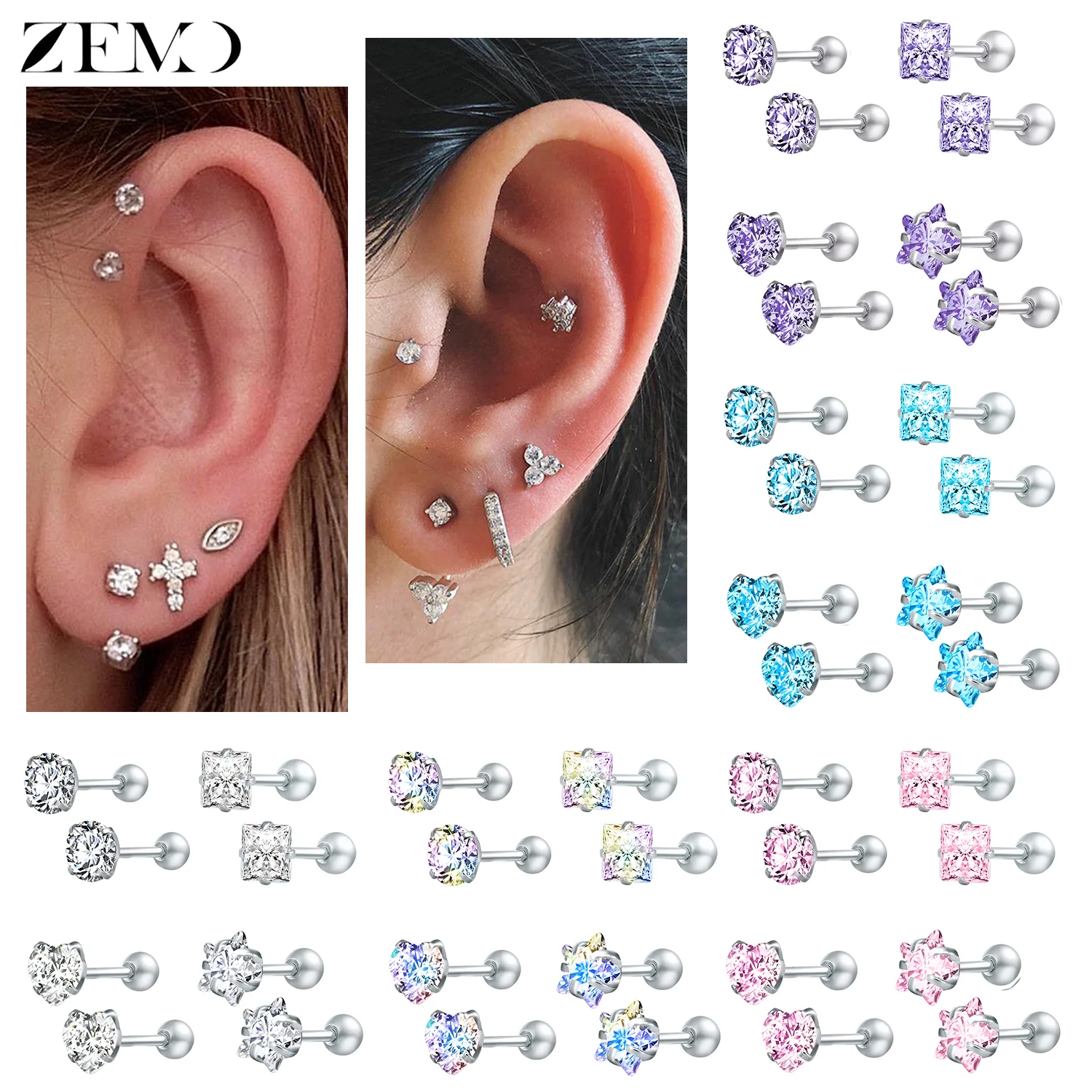 

ZEMO 4pairs/lot Stainless Steel 3/4/5/6/7/8mm Ear Studs Colorful Round Heart CZ Crtstal Stud Earrings 16G Tragus Helix Piercing