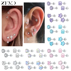 ZEMO 4pairs/lot Stainless Steel 3/4/5/6/7/8mm Ear Studs Colorful Round Heart CZ Crtstal Stud Earrings 16G Tragus Helix Piercing