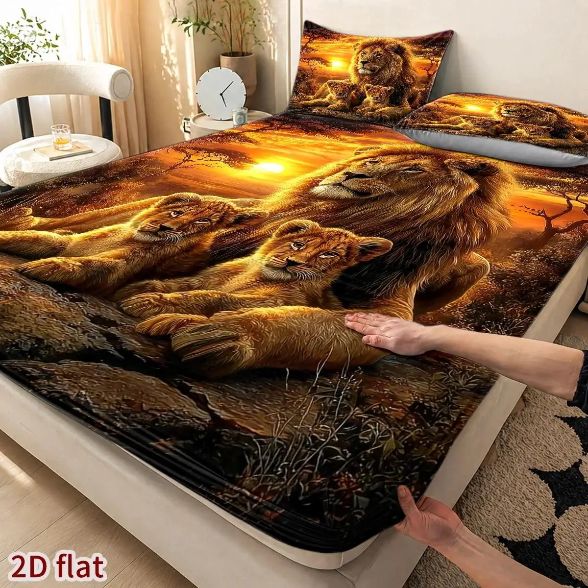 3pcs Mattress Protector Set with 2 Pillowcases, Golden Lion Family Print, African Savanna Animal Theme Fitted Sheet