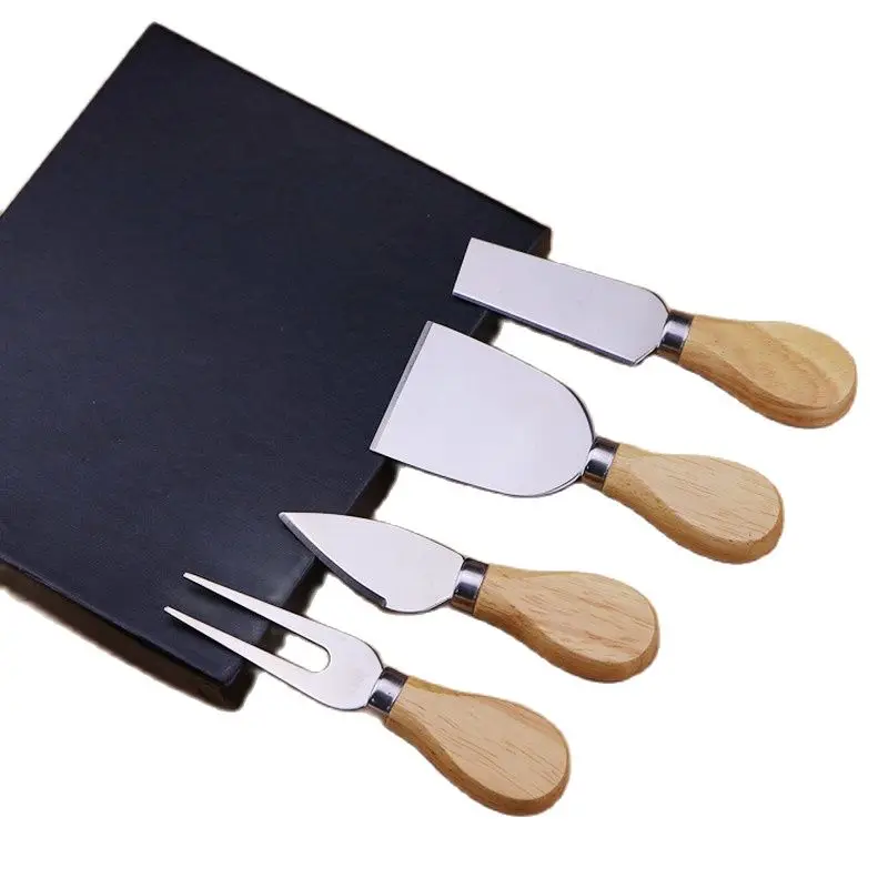 Wooden Handle Cheese Knives Set Cheese Knife Slicer Fork Scoop Cutter Useful Cooking Tools in Black Box (4Pcs)