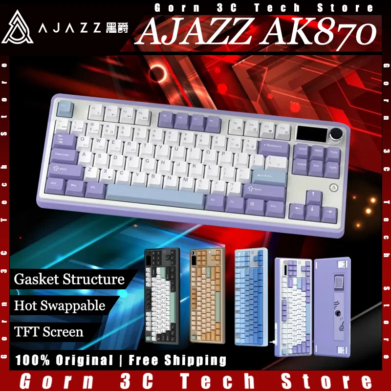 

AJAZZ AK870 Mechanical Keyboard Tri-mode Wireless Gasket Structure Hot Swap TFT Screen Customized Gaming Keyboard Pc Accessories