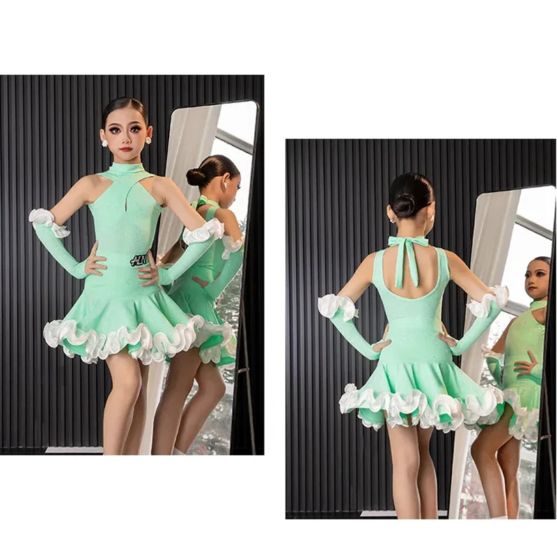 

2026 High-End Latin Dance Performance Costumes For Girls Green Split Skirts Practice Suit Samba Chacha Latin Stage Wear DQS22104