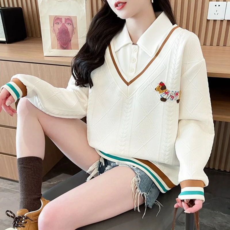 2025 New Spring Women Hoodies Fake 2 Pieces School Style Pullover Cartoon Dog Flocking Sweatshirt All-Matching Patchwork Clothes