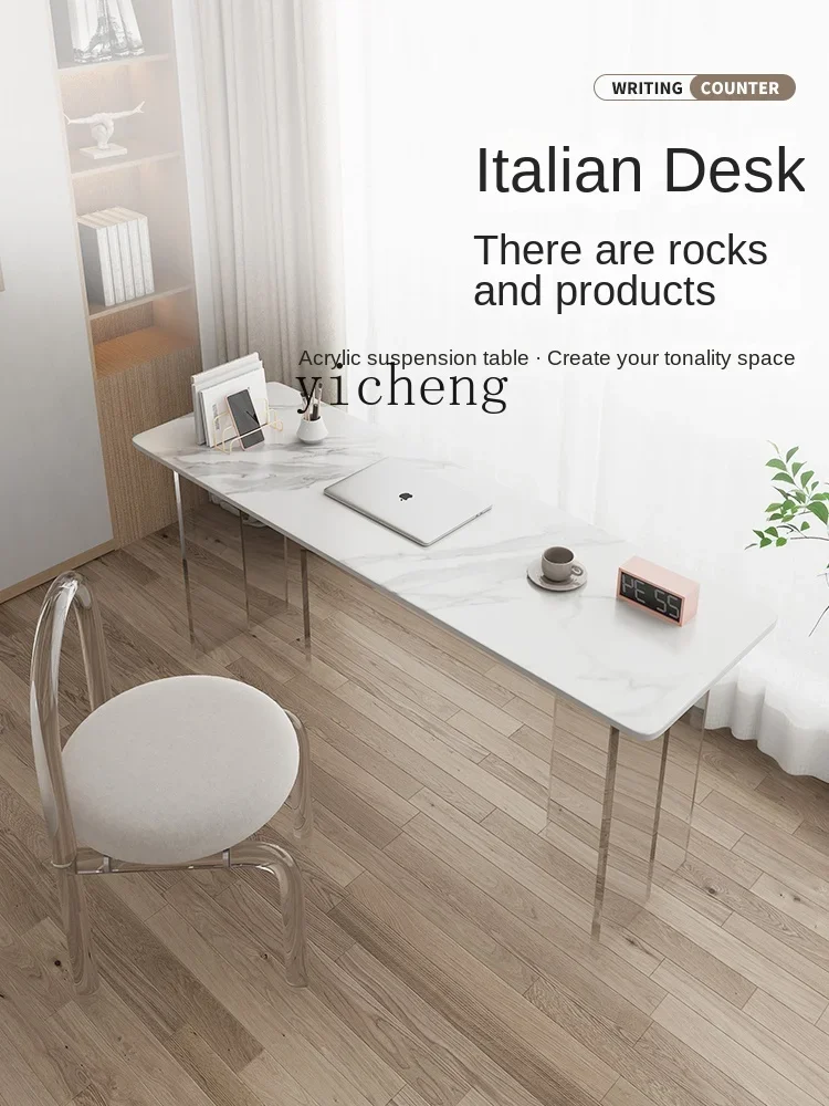 wabi sandy wind acrylic desk transparent suspension ultra-narrow rock slab long table minimalist computer desk