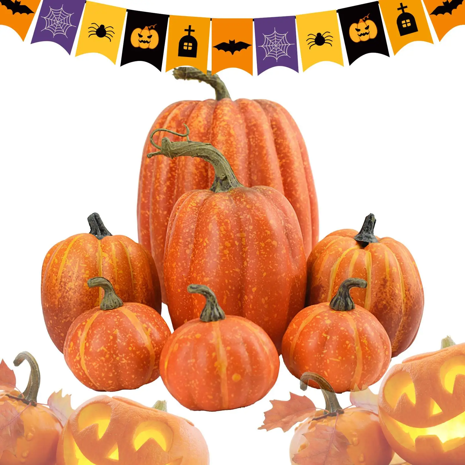 7PCS Fake Foam Pumpkins for Halloween decorations Realistic Artificial Pumpkin Ornaments set Harvest Festival Home Table Decor