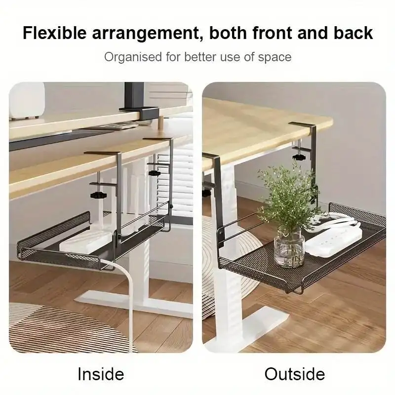 Under Desk Cable Management Tray No Drill Steel Desk Wire Organizers Cord Power Strip Holder Storage Rack Adjustable Clip Shelf