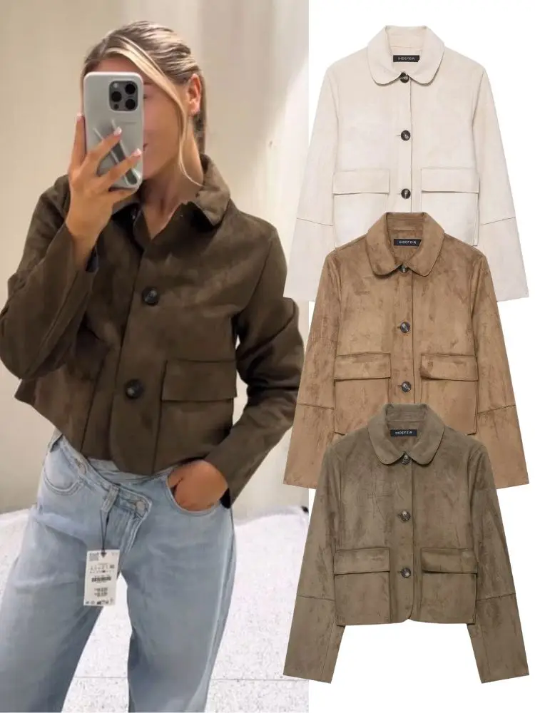 HH Vintage Women's Soild Suede Leather Cropped Jacket 2025 Autumn Female Fashion Lapel Single-breasted Pockets Streetwear