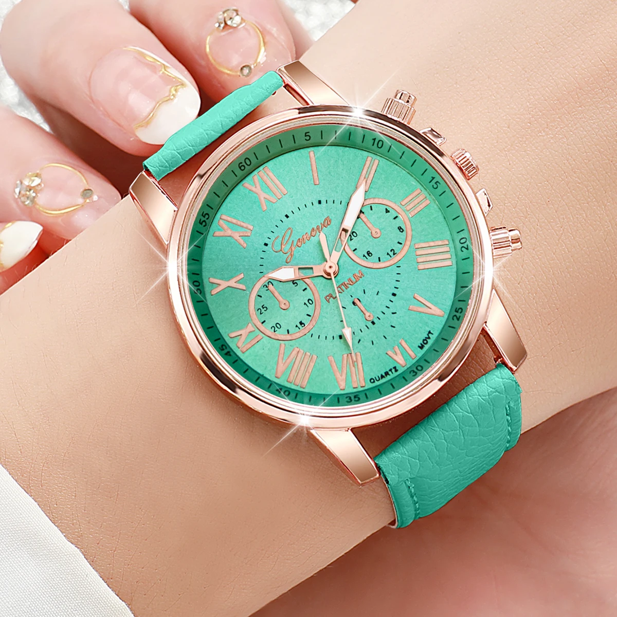 6PCS/Set Women\'s Quartz Fashion Roma Dial Watch Casual Leather Band Analog Wrist Watches（Without Box）