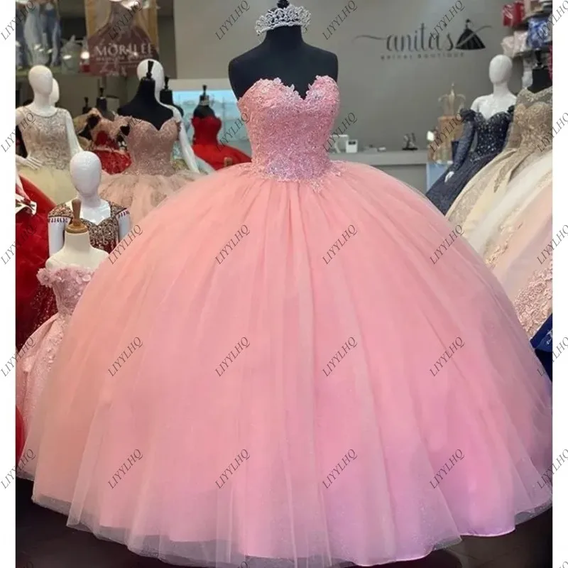 LIYYLHQ Pink Mexico Princess Quinceanera Dresses Vestidos De 15 Anos Applique Beaded Tulle Formal Princess Birthday Party Gowns