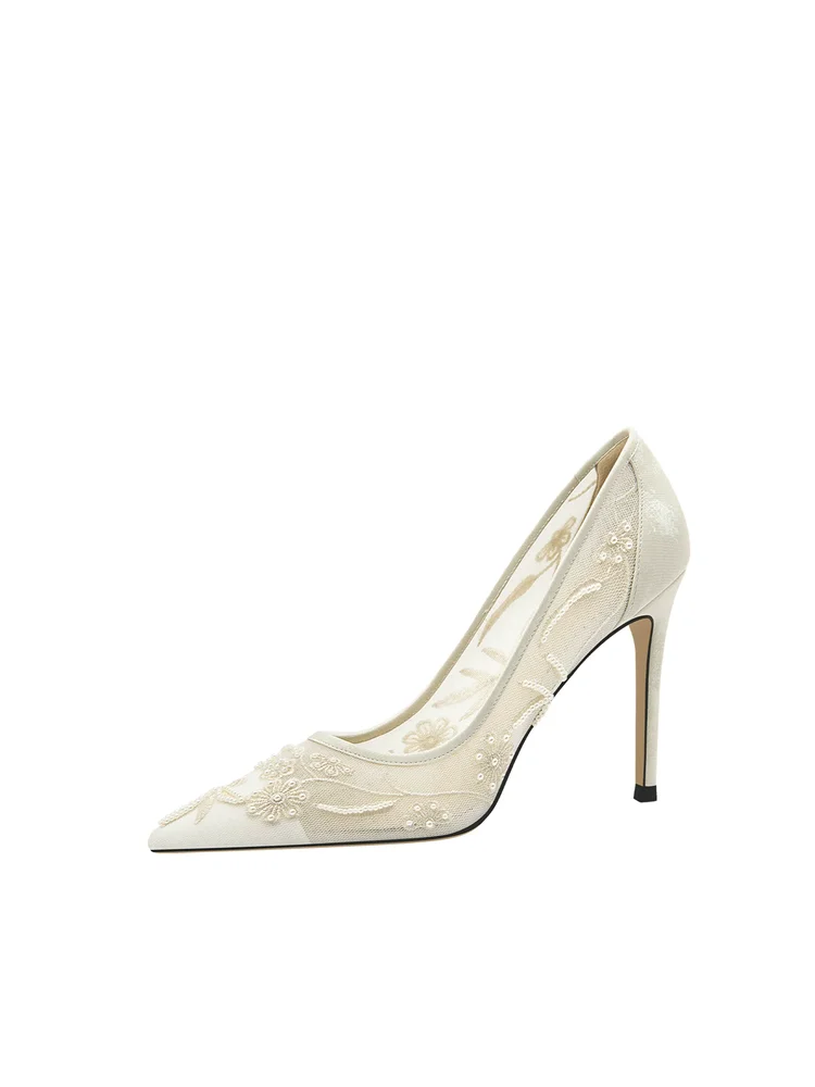 Spring and summer pointed shallow mouth embroidered pearl wedding shoes banquet big size small size slim high-heeled women shoes view 2