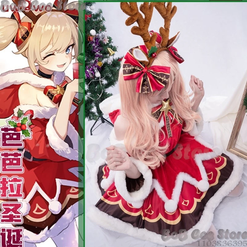 Christmas Barbara Game Genshin Impact Cosplay Costume Blonde Pony Wig Red Dress Hot Women Girl Set Holloween RolePlay Customized