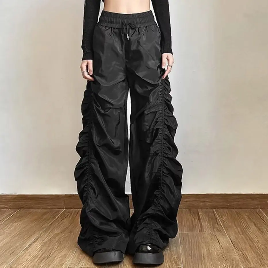 Damen Freizeithose – Modische, plissierte, locker sitzende High-Waist-Hose mit weitem Bein für Frühling, Hip-Hop, einfarbig, Outdoor, Tanz, Sport – Damenbekleidung