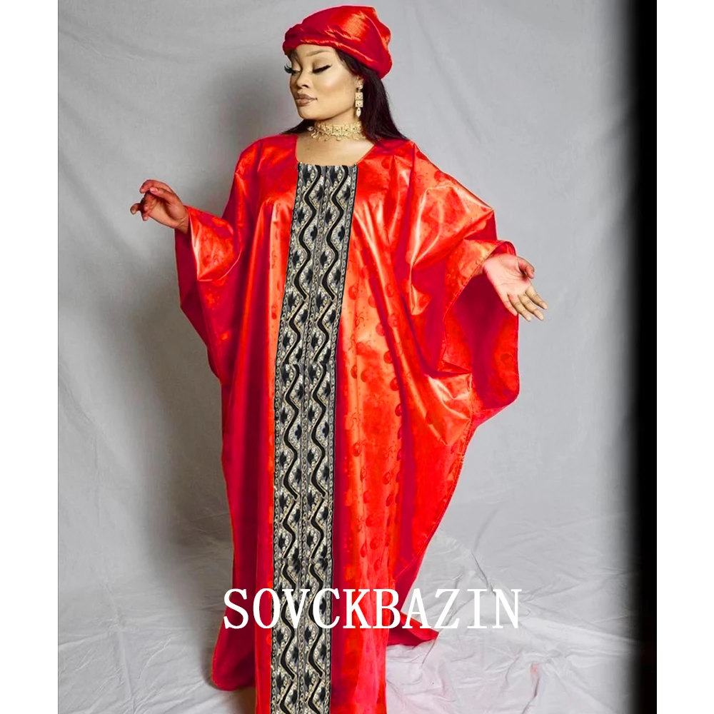 

Red Bazin Riche Long Dresses For Ankara Women Daily Clothing Newest 2024 Latest Free Size Bazin Riche Dashiki Robe With Scarf