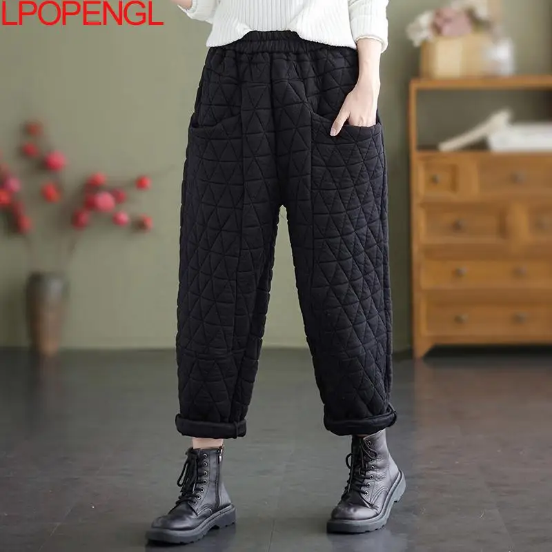 Women Warm Quilted Pants Elastic Waist Loose Solid Color Thick Trousers 2023 Autumn Winter New Vintage Pocket Casual Harem Pants