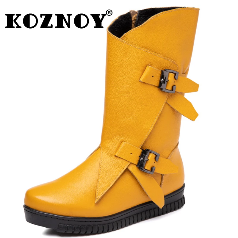 

Koznoy 3cm Genuine Leather Platform Wedge Ankle Boots Flats Autumn Spring Knee High Booties ZIP Plush Women Big Size Warm Shoes