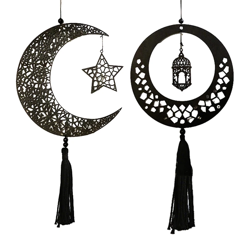 

Hollow Star and Moon Wooden Pendant Bohemian Creative Home Festival Decoration Handmade Hanging Pendant Crafts with Tassels