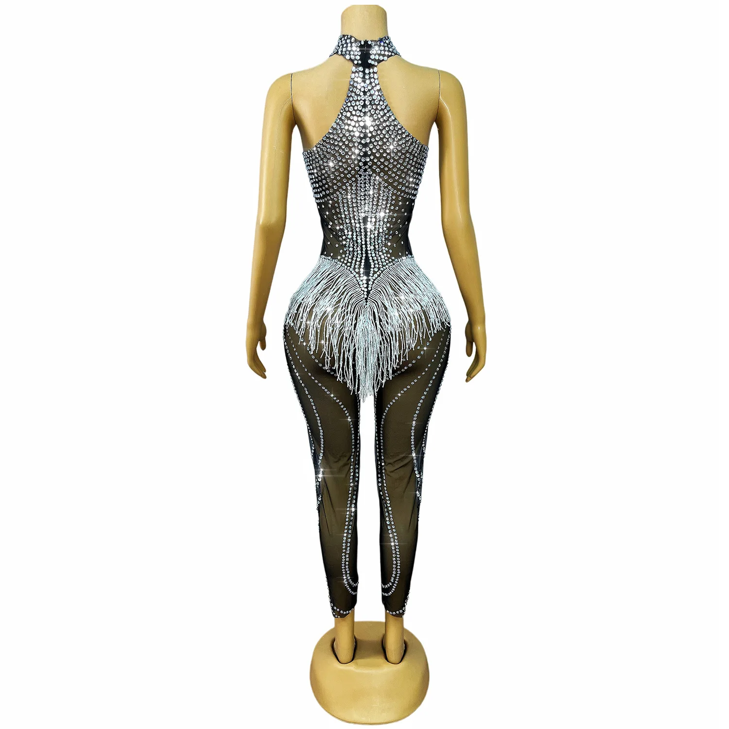 WomenRhinestone Fringe Jumpsuit Sexy Pole Dance Costume Birthday Party Nightclub Stage Outfit Singer Performance Bodysuit