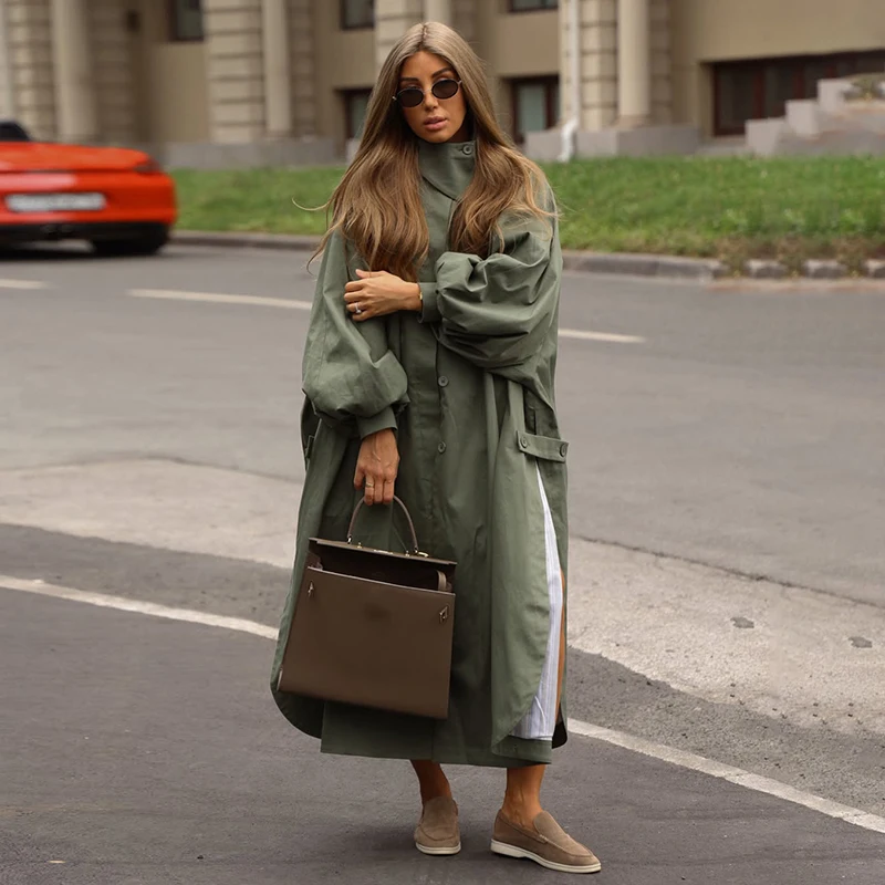 Oversized Solid Wome's Long Trench Coat Puff Sleeve Side Slit Maxi Windbreaker Lapel Single Breasted Lady Autumn Tench Coats image 6