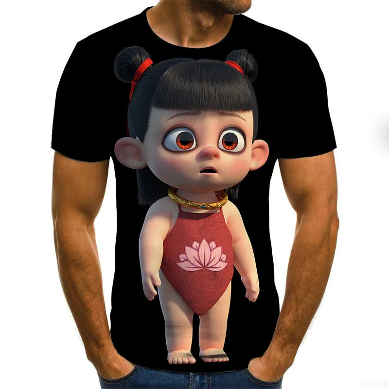 

2025 Top Selling Cross Border Men's Printed 3D Nezha Demon Children's Sea Short Sleeved T-shirt for Spring and Summer