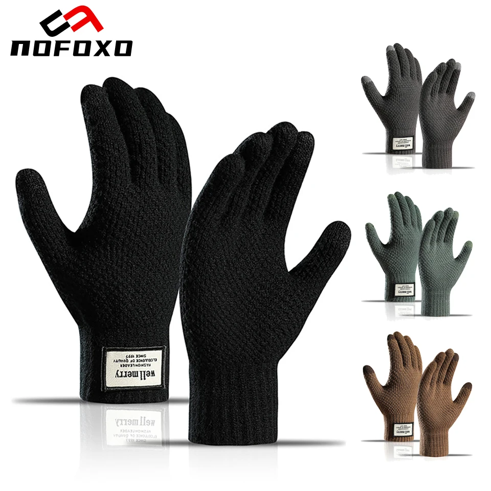 AliExpress nofoxo NOFOXO Winter Full Finger Warm Knit Thermal Gloves Wool Touchscreen Cashmere Gloves Thicken Soft Elastic Outdoor Cycling Men