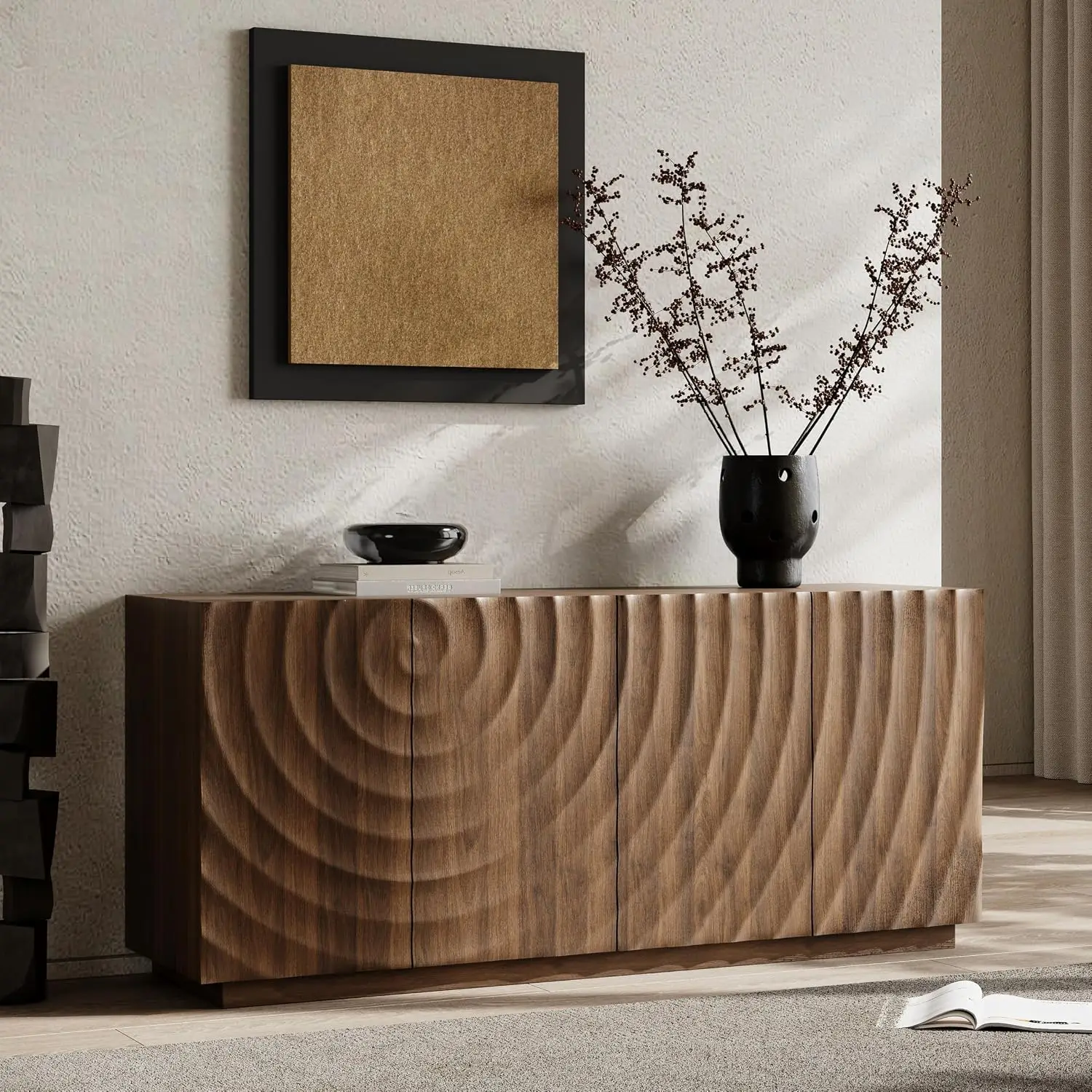 Modern Buffet Cabinet 3D Ripple Doors Wooden Base Sideboard Credenza Dining Living Entryway 59