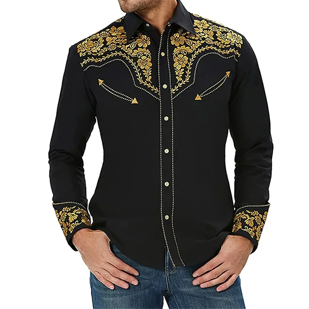 Western-style Shirt Flower Pattern Print Lapel Outdoor Street Long-sleeved Button Print Tropical Men\'s Casual Long Sleeve Shirts