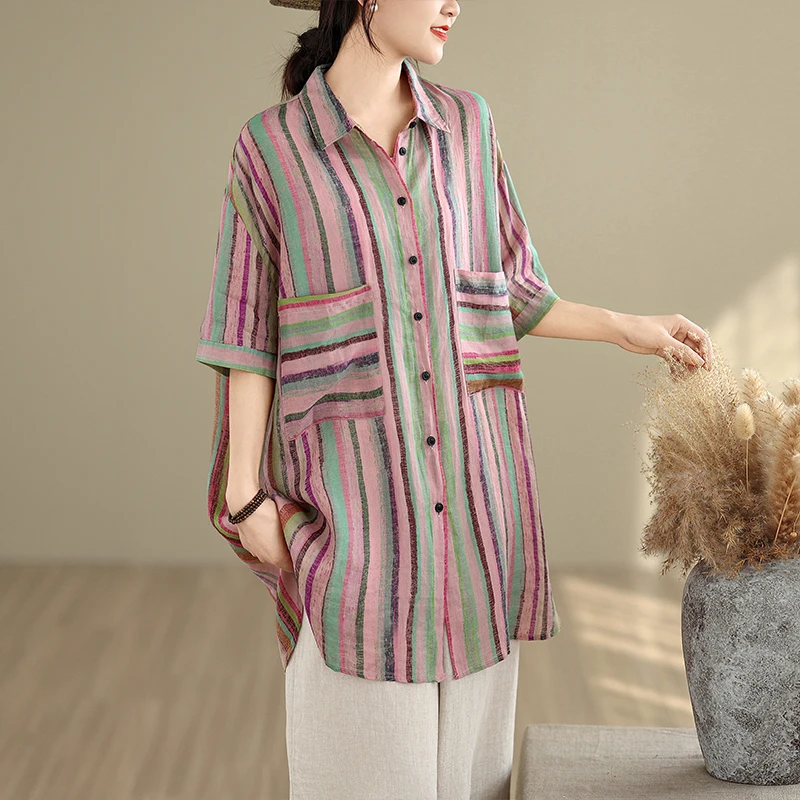 Casual Striped  Ne ort Sve irt Women's Mid-Length Lazy Sle Big Size Design Sensation Faionable Office Commute