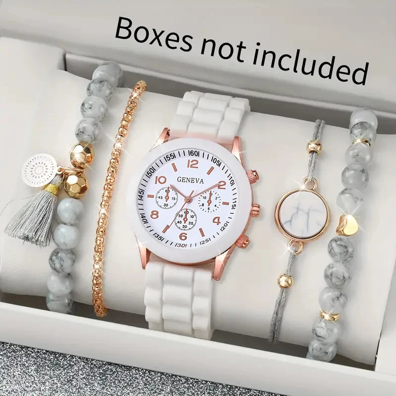 5PCS white comfort silicone strap women\'s quartz watch with marble fringe beaded bracelet set Casual classic wear gift