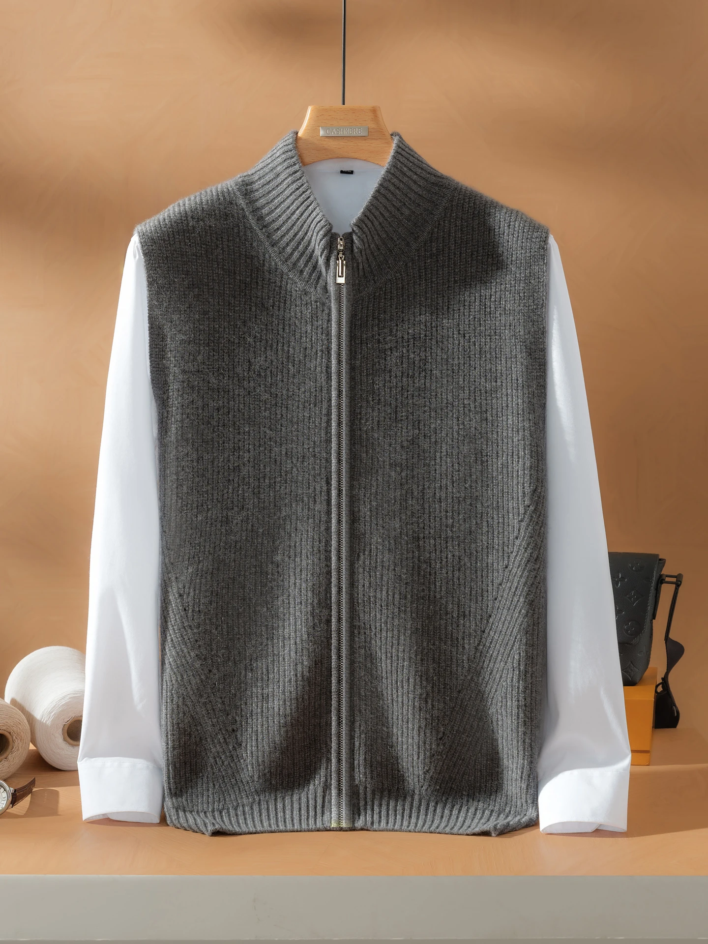 100% Cashmere Cardigan Vest Sweater Autumn Winter Men Mock Neck Zipper Sleeveless Soild Smart Casual Knitted Waistcoat High-end
