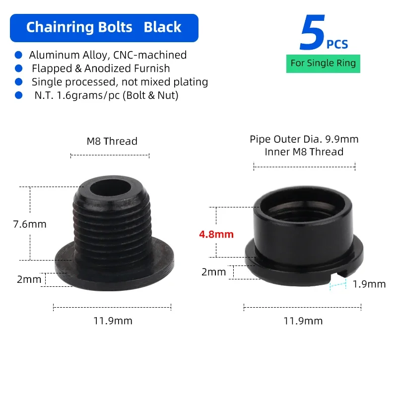 

5pcs Aluminum Alloy Chainwheel Nuts OD 10mm Single/Double Crankset Bolts for Bicycle Accessories