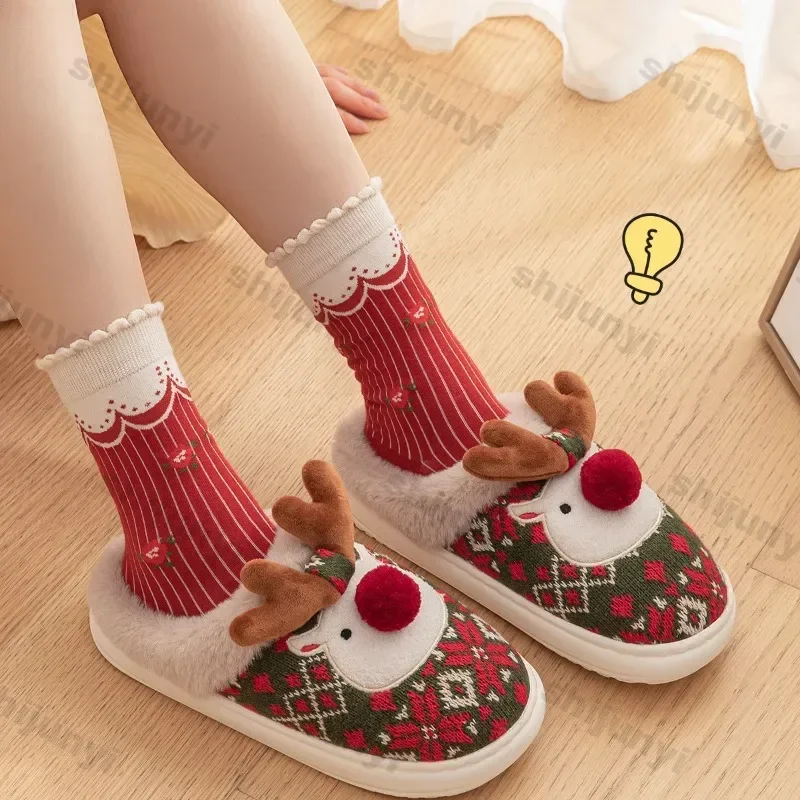 Christmas Women Slippers 2024 Winter New David's Deer Home Couple Warm Non Slip Plush Cotton Slippers Thick Soled Floor Slippers