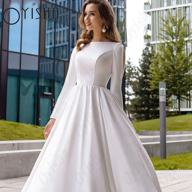 OYISHA Satin O-Neck Muslim Wedding Dresses White A-Line Full Sleeves Exquisite Bridal Gowns For Woman Simple Vestido De Mariages