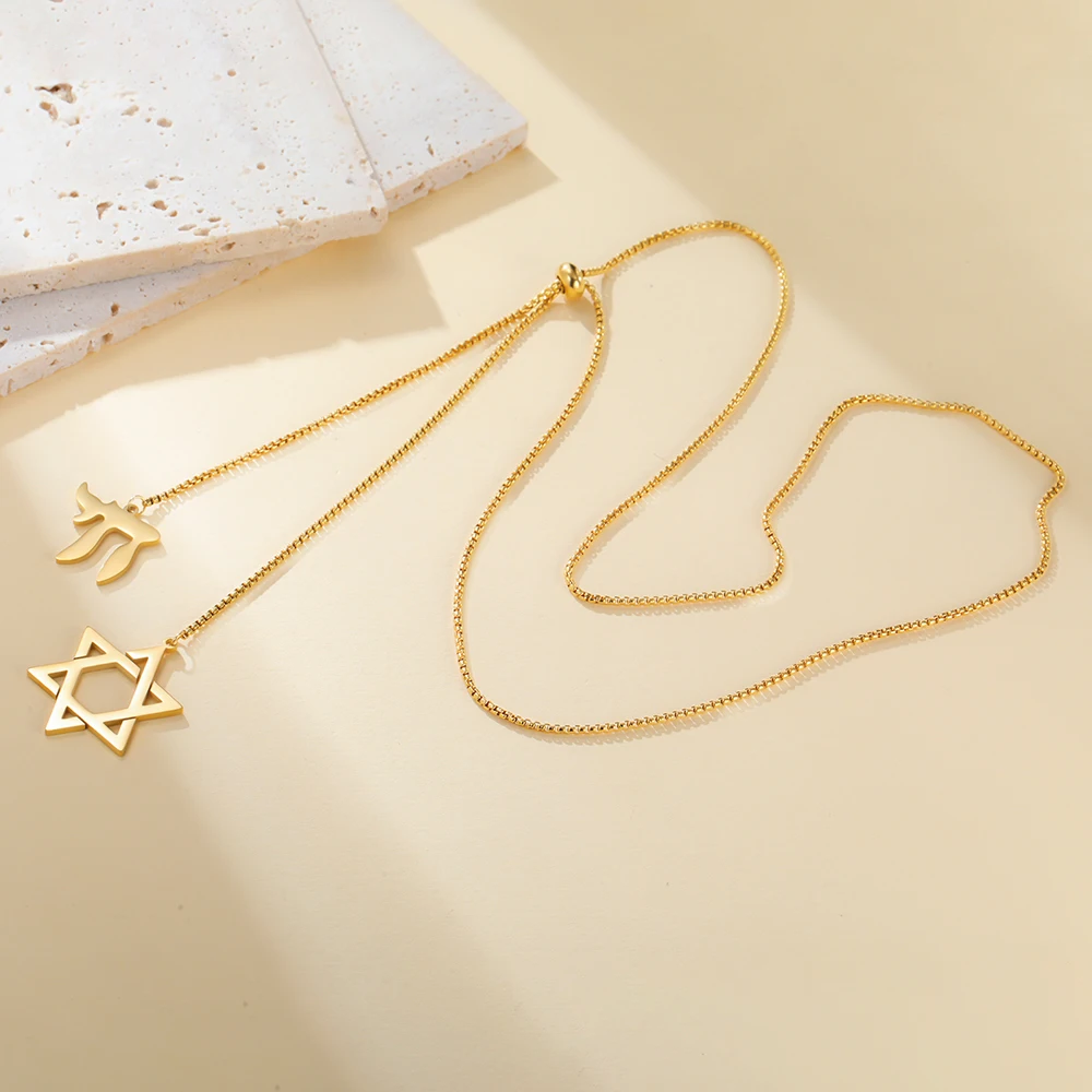 Dawapara Davidstern und jüdischer hebräischer Chai-Anhänger, lange Halskette, Pulloverkette, Hexagramm, Judentum, Edelstahlschmuck – Detail 14