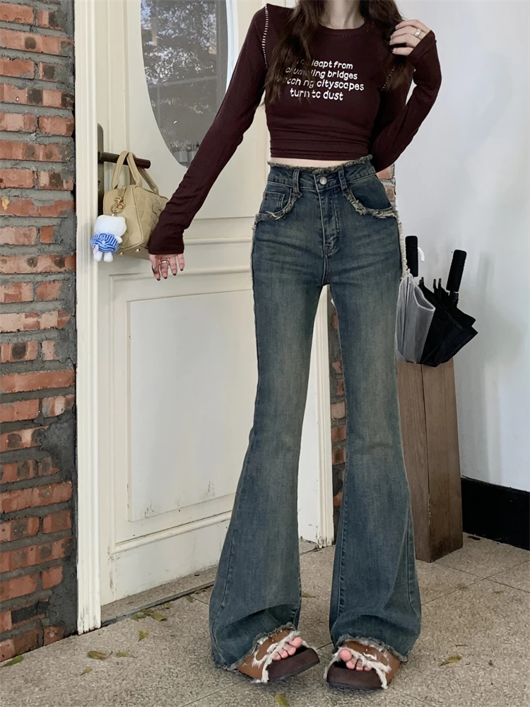 Blue Jeans für Damen Herbst hoch taillierte Straight Tube Micro Flared Jeans hose mit weitem Bein Schlankheit Boden hose