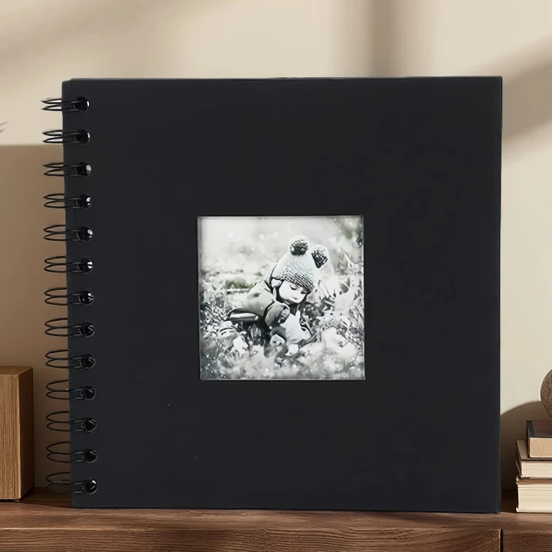 DIY Spiral Bound 6-Inch Photo Album Holder Square Opening Sticker Decoration – 170x170mm Black Cardstock Scrapbook Collect Book