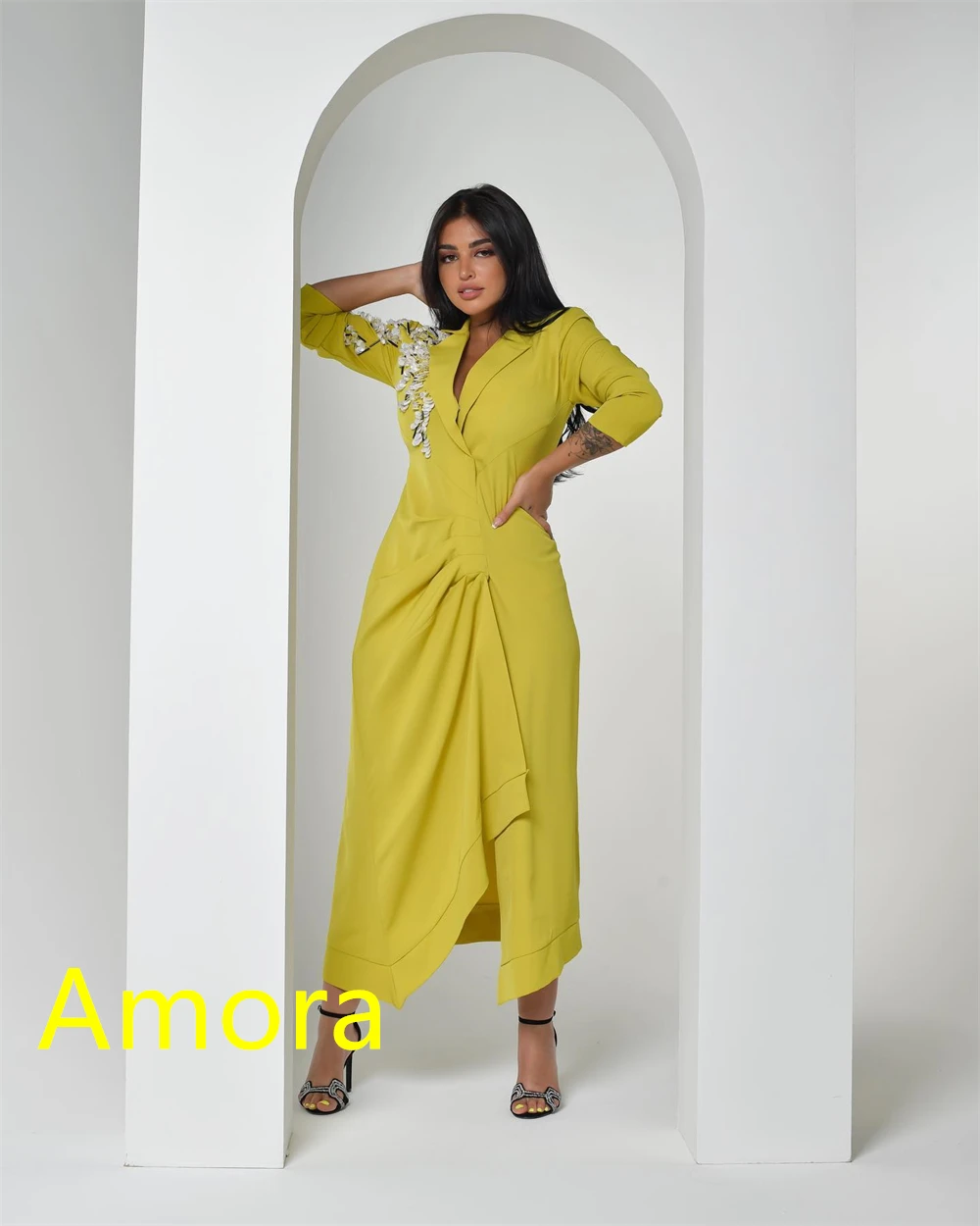 Customized Exquisite Yellow Jersey Evening Dress Formal V-Neck Short Sleeves Mermaid Front Slit Crystal Bespoke Occasion Gowns