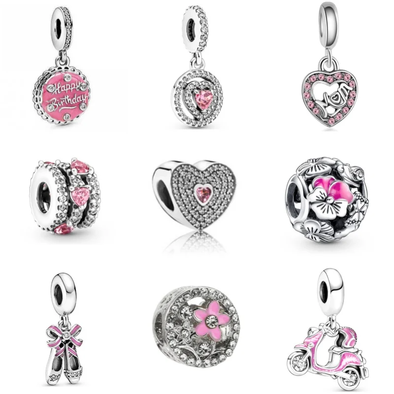 Silver Plated Classic Pink Mom Pendant Alloy Happy Birthday Charm Beads For Pandora DIY Bracelet Necklace Jewelry Accessories