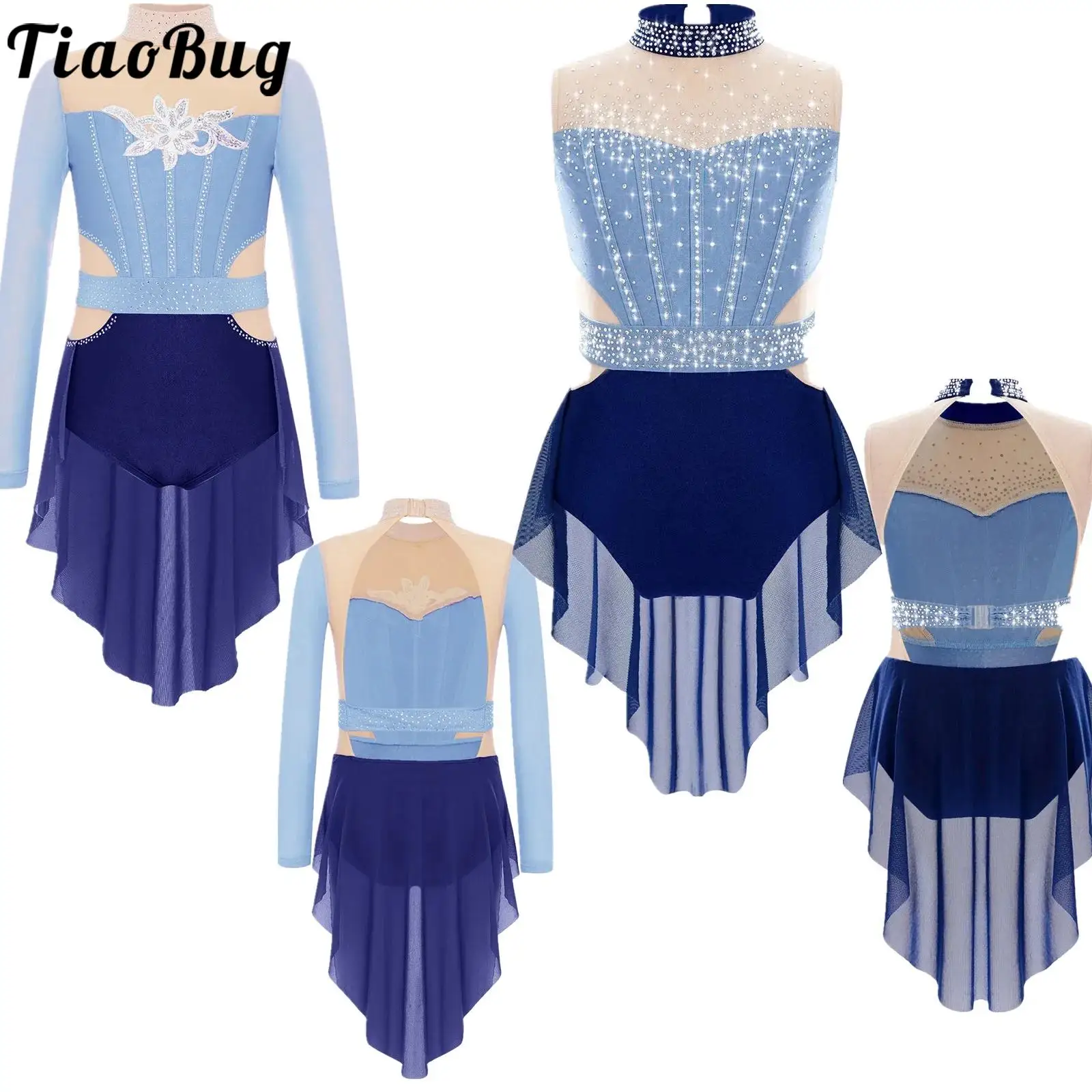 

Girls Gymnastics Figure Skating Bodysuits Long Sleeve Rhinestones Mesh Overlay Skirted Leotards Modern Lyrical Dance Costumes
