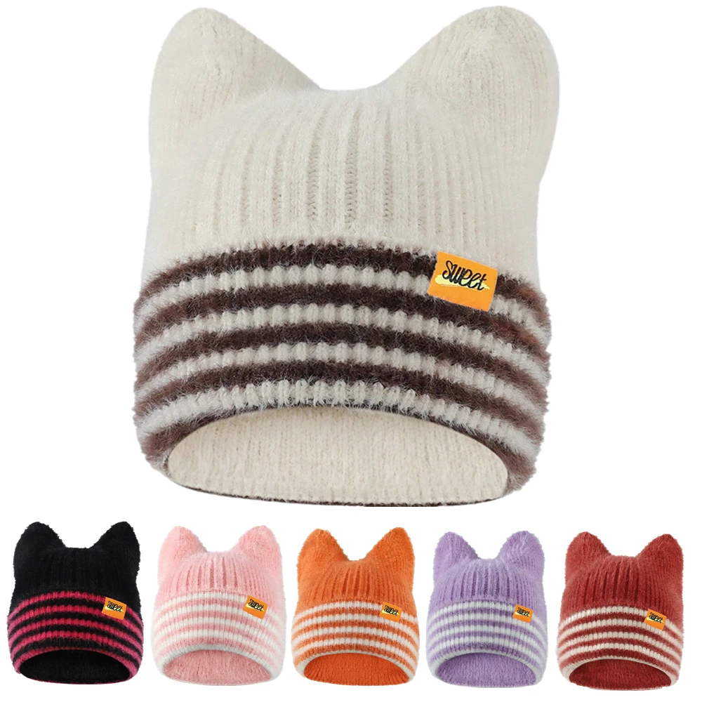 Neue Katze Ohr Y2K Beanie Hut Süße Label Winter Hüte Für Frauen Candy Farben Streifen Weiche Warme Kappe