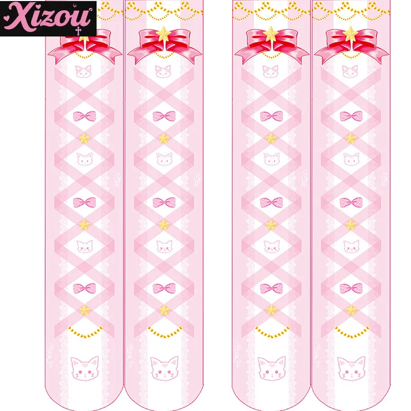 Moe Kawaii Printed Stockings Thin Women's Spring and Autumn Lolita Pink Cute Anime Knee Long Tube White Velvet Sockings Female