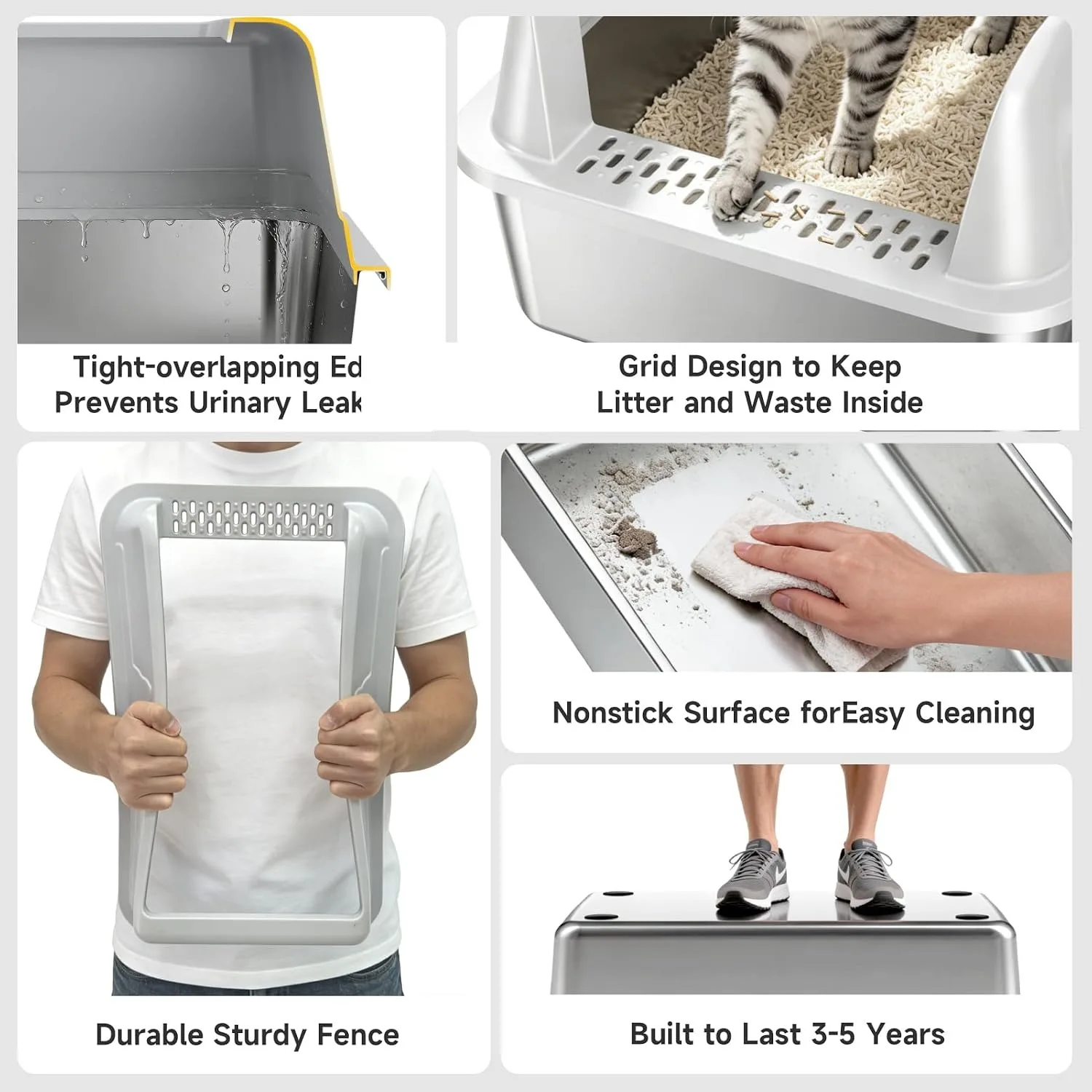 Stainless Steel XL Cat Litter Box for Cats, High-Sided Design Prevents Urine Leakage, Non-Stick, Easy to Clean, Includes Scoop view 5