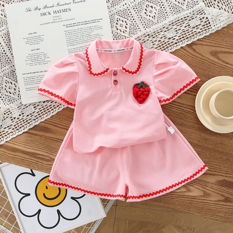 Baby Girl Clothes Summer Knitwear Polo Shirt & Shorts 2 Pieces Set 3D Strawberry Decoration Toddler Girls Cotton Tracksuit