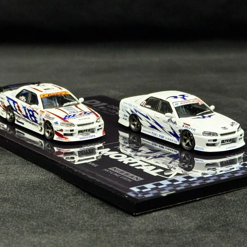 1:64 Mortal Nissan GTR ER34 Skyline drift car version, alloy car model. view 3